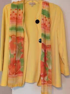 Chico's Yellow Jacket with Orange & Green Floral Scarf